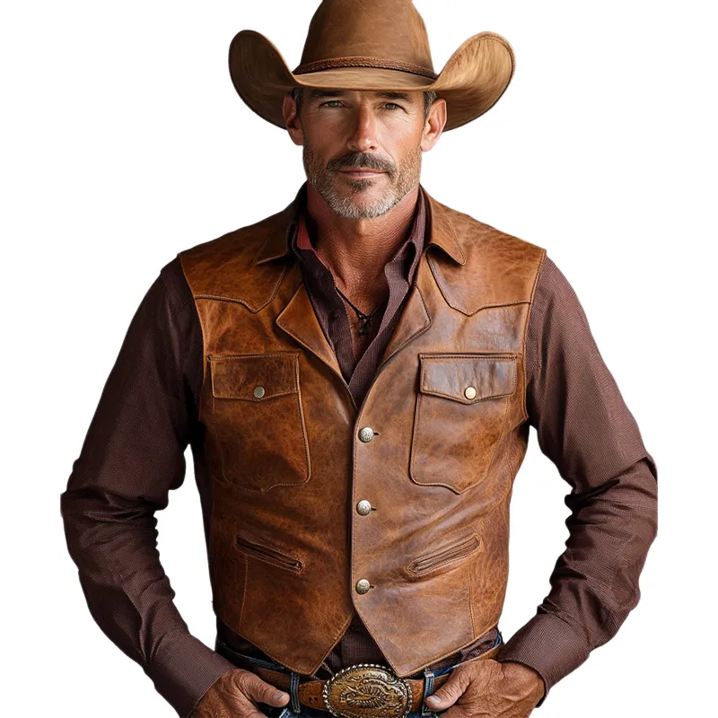 Men's Vintage Distressed Three-Button Slim Leather Vest 45368461U sold by Manly product image thumbnail 2