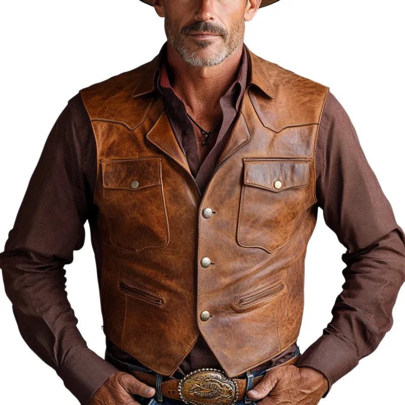 Men's Vintage Distressed Three-Button Slim Leather Vest 45368461U sold by Manly