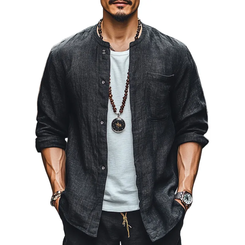 Men's Black Casual Round Neck Cotton and Linen Long-sleeved Shirt 11023917U sold by Manly