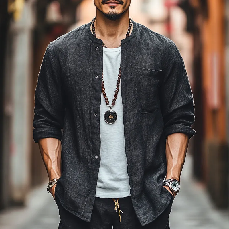 Men's Black Casual Round Neck Cotton and Linen Long-sleeved Shirt 11023917U sold by Manly product image thumbnail 2