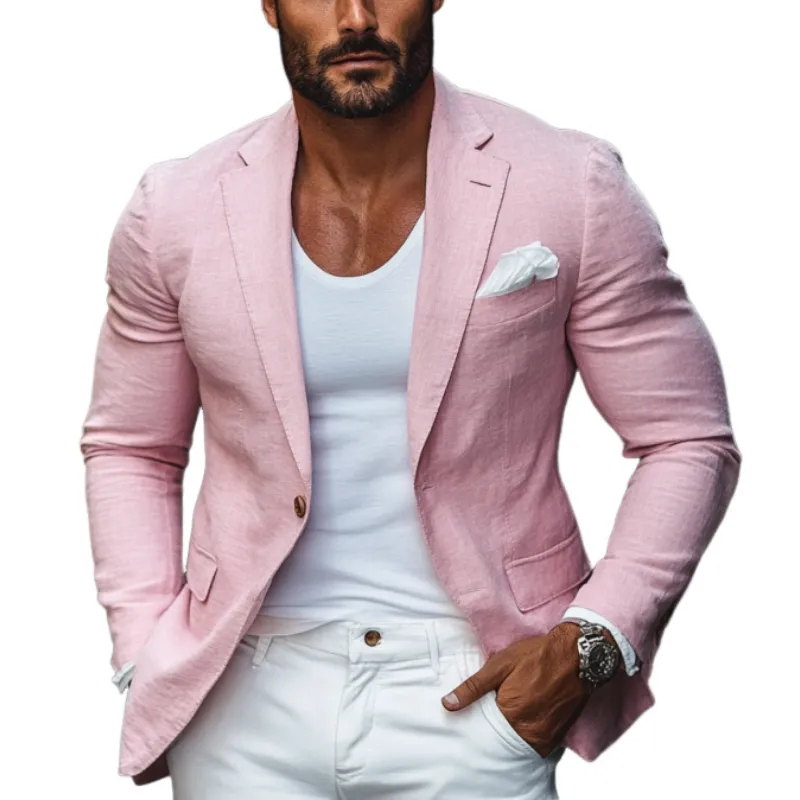 Men's Fashion Cotton and Linen Single Button Lapel Blazer 57965346Y sold by Manly