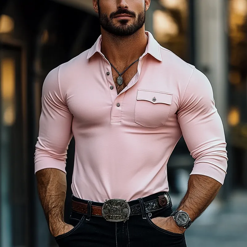 Men's Fashion Slim Fit Chest Pocket Long Sleeve Polo Shirt 59491932Y sold by Manly product image thumbnail 3