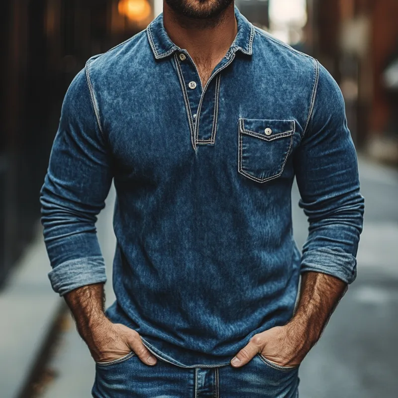 Men's Fashion Buttons Lapel Long Sleeve Denim Polo Shirt 83052572Y sold by Manly product image thumbnail 3