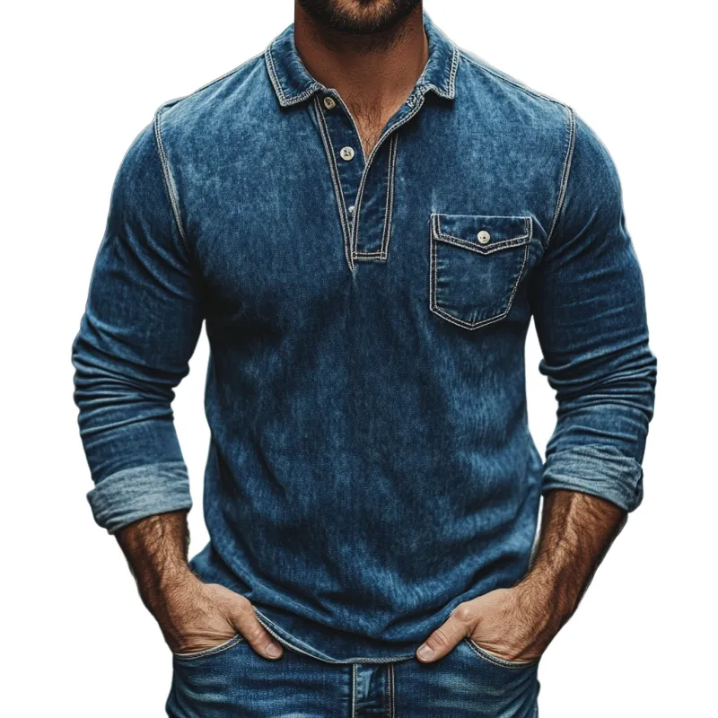 Men's Fashion Buttons Lapel Long Sleeve Denim Polo Shirt 83052572Y sold by Manly