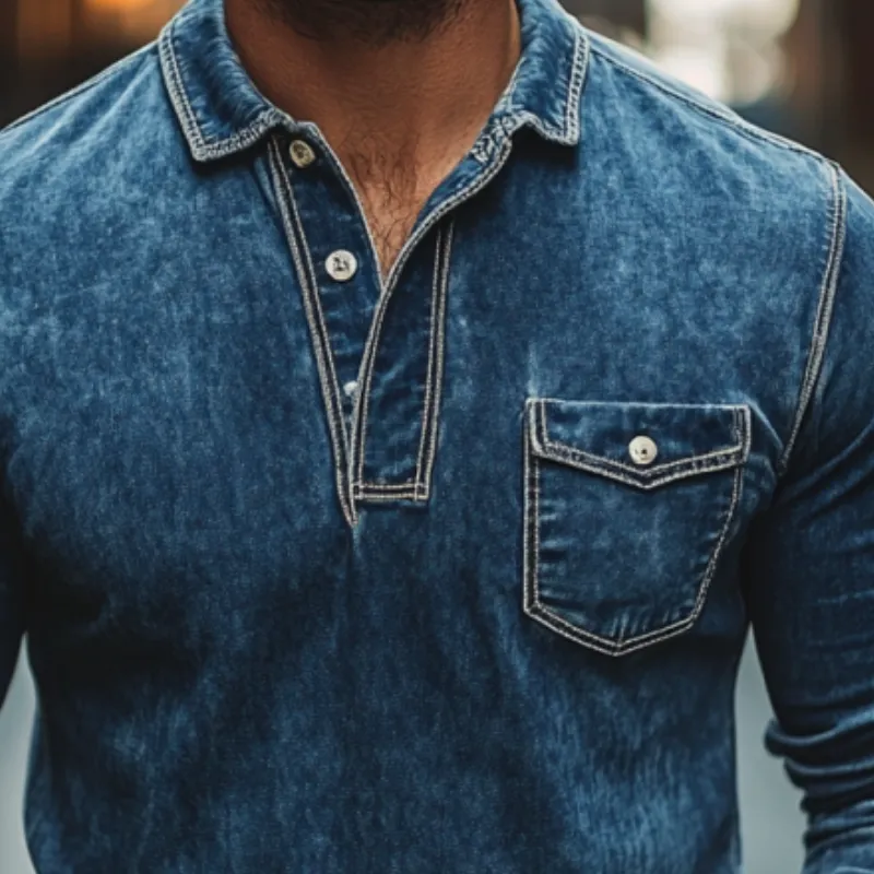 Men's Fashion Buttons Lapel Long Sleeve Denim Polo Shirt 83052572Y sold by Manly product image thumbnail 2