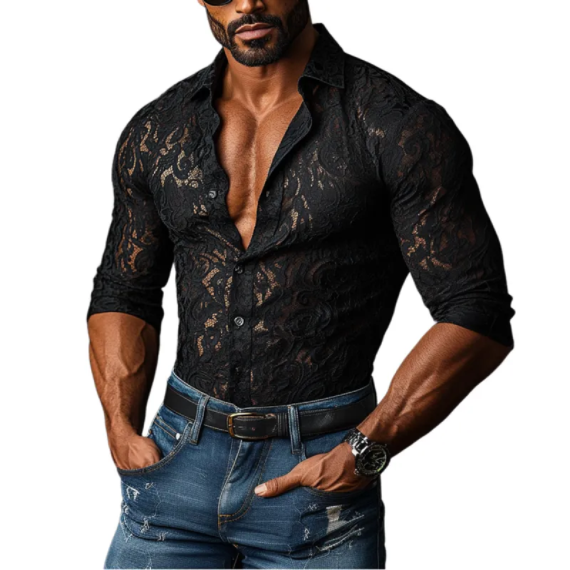 Men's Fashion Lace Slim Fit Lapel Long Sleeve Shirt 03128641Y sold by Manly