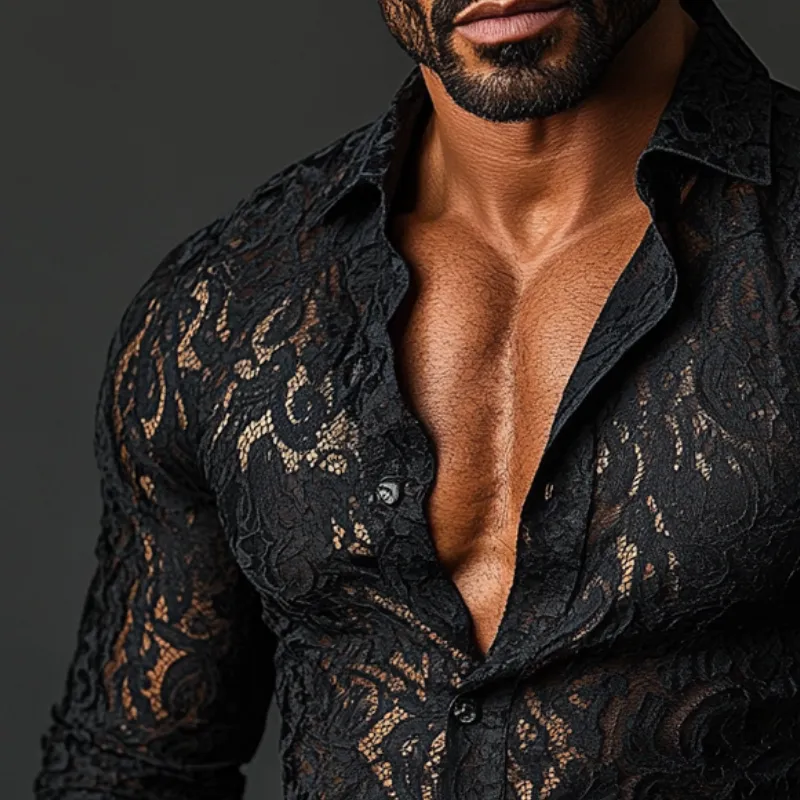 Men's Fashion Lace Slim Fit Lapel Long Sleeve Shirt 03128641Y sold by Manly product image thumbnail 4