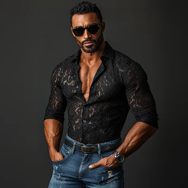 Men's Fashion Lace Slim Fit Lapel Long Sleeve Shirt 03128641Y sold by Manly product image thumbnail 3