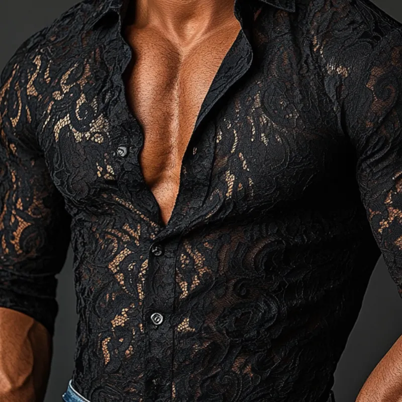 Men's Fashion Lace Slim Fit Lapel Long Sleeve Shirt 03128641Y sold by Manly product image thumbnail 2