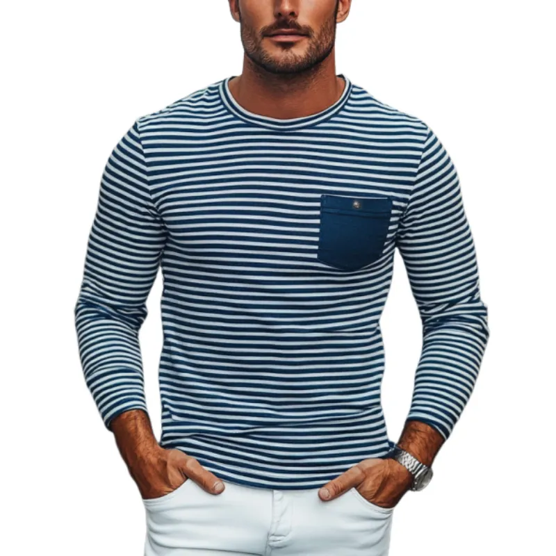 Men's Fashion Stripe Crew Neck Chest Pocket Slim Fit Long Sleeves T-shirt 68458581Y sold by Manly