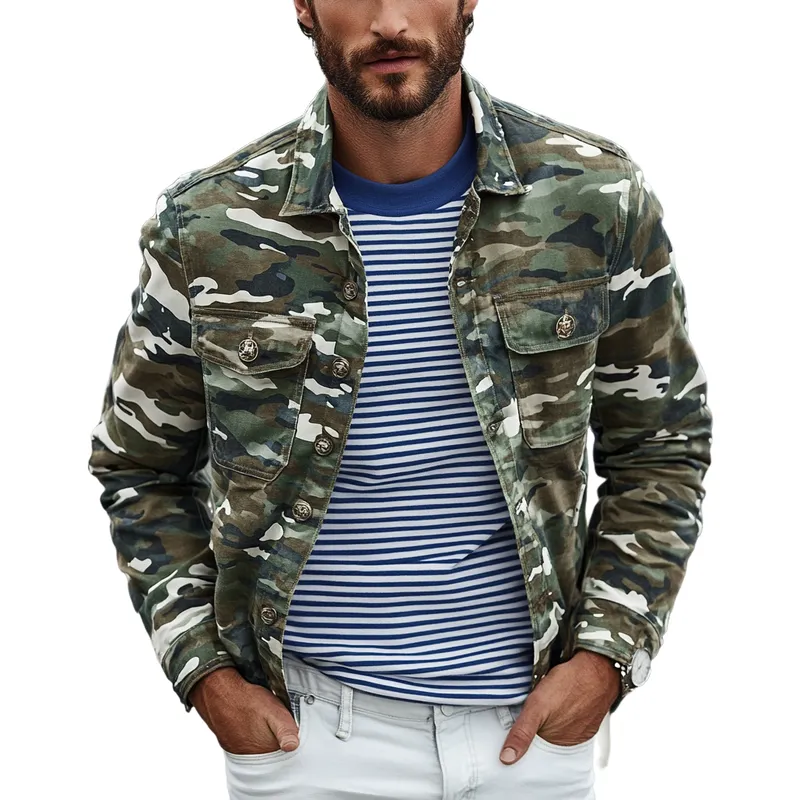 Men's Vintage Camouflage Washed Lapel Double Chest Pockets Jacket 99463965Y sold by Manly