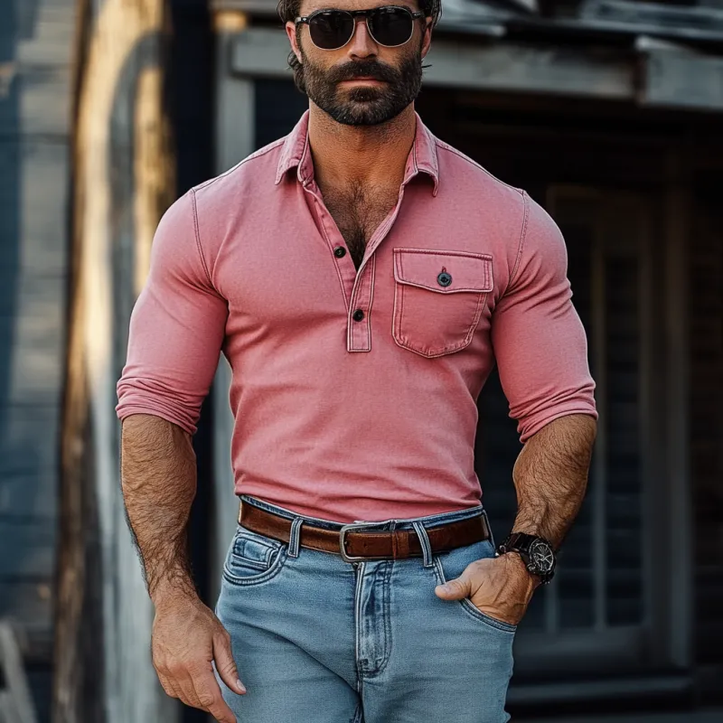 Men's Fashion Washed Slim Fit Chest Pocket Long Sleeves Polo Shirt 69405458Y sold by Manly product image thumbnail 3