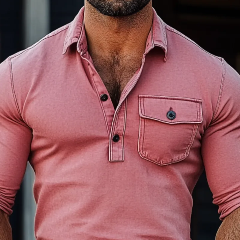 Men's Fashion Washed Slim Fit Chest Pocket Long Sleeves Polo Shirt 69405458Y sold by Manly product image thumbnail 2