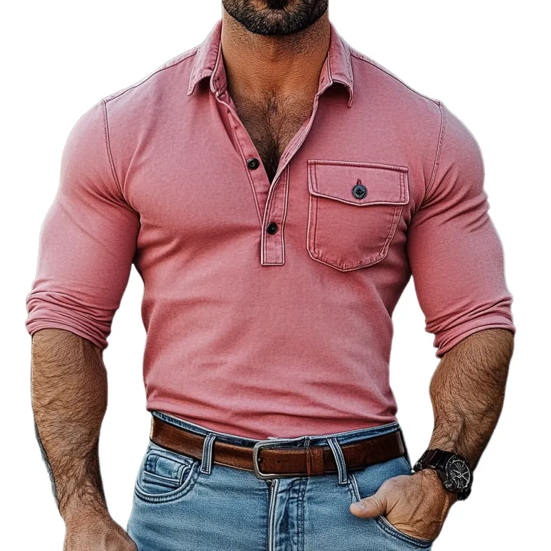 Men's Fashion Washed Slim Fit Chest Pocket Long Sleeves Polo Shirt 69405458Y sold by Manly