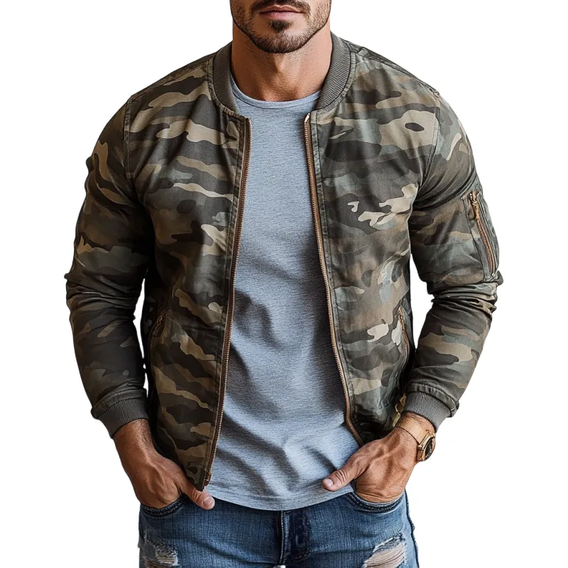 Men's Vintage Camouflage Print Crew Neck Bomber Jacket 42460870Y sold by Manly