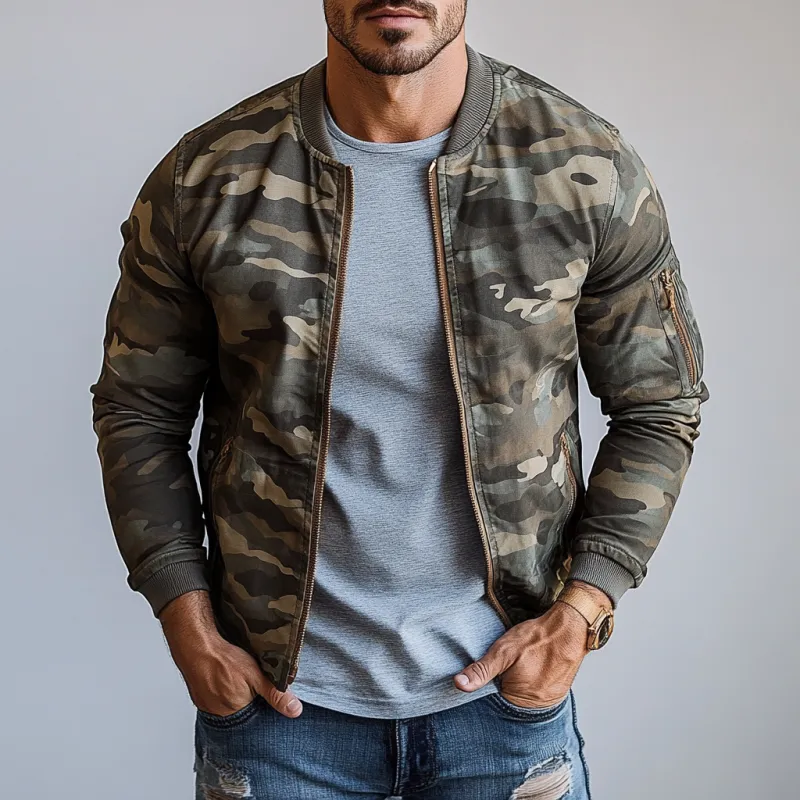 Men's Vintage Camouflage Print Crew Neck Bomber Jacket 42460870Y sold by Manly product image thumbnail 3