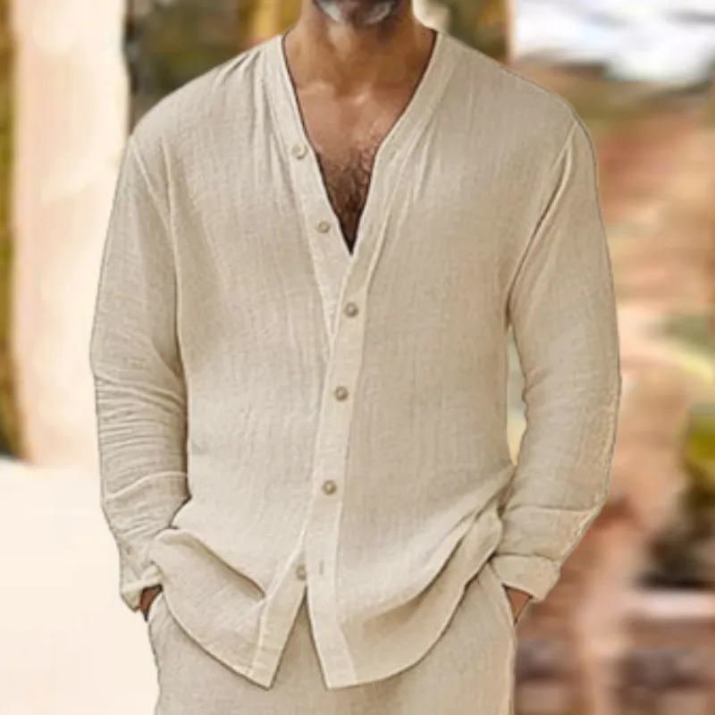 Men's Casual Cotton and Linen Long Sleeve Shirt Straight Pants Set 30209340Y sold by Manly product image thumbnail 2