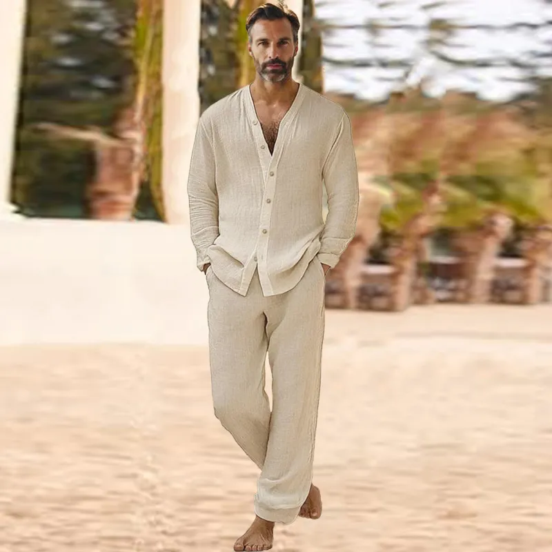 Men's Casual Cotton and Linen Long Sleeve Shirt Straight Pants Set 30209340Y sold by Manly product image thumbnail 3