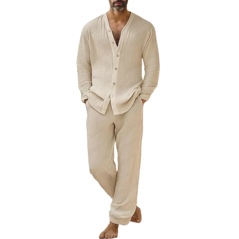 Men's Casual Cotton and Linen Long Sleeve Shirt Straight Pants Set 30209340Y sold by Manly
