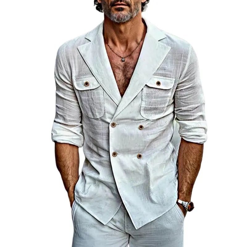 Men's Fashion Cotton Linen Double Breasted Long Sleeve Shirt 19143373Y sold by Manly