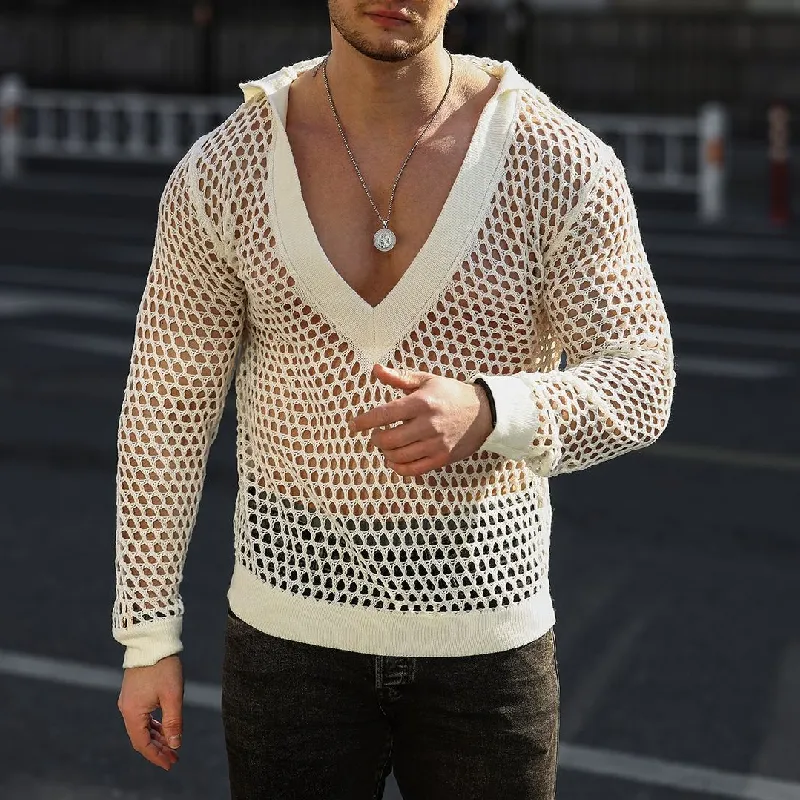 Men's Fashion Knitted Hollow Hooded Deep V Neck Long Sleeve T-Shirt 88412310Y sold by Manly product image thumbnail 3