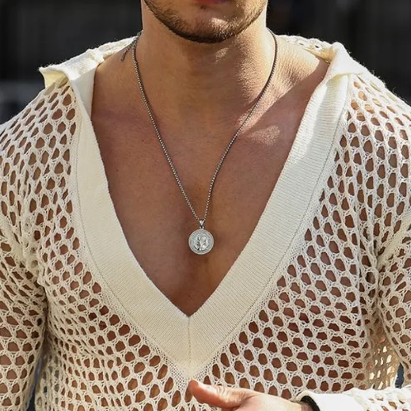 Men's Fashion Knitted Hollow Hooded Deep V Neck Long Sleeve T-Shirt 88412310Y sold by Manly product image thumbnail 2