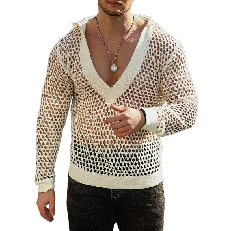 Men's Fashion Knitted Hollow Hooded Deep V Neck Long Sleeve T-Shirt 88412310Y sold by Manly