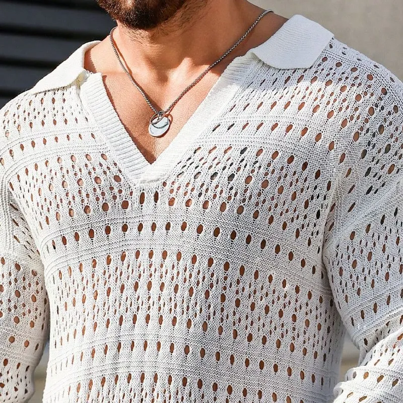 Men's Fashion Knitted Hollow Lapel V-neck Long Sleeve Sweater 51388555Y sold by Manly product image thumbnail 2