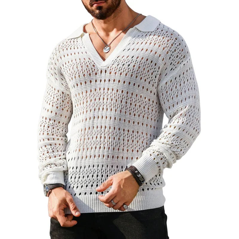 Men's Fashion Knitted Hollow Lapel V-neck Long Sleeve Sweater 51388555Y sold by Manly