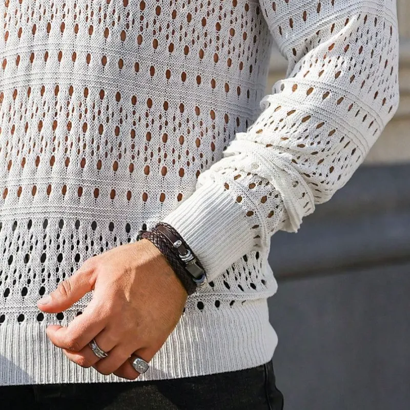 Men's Fashion Knitted Hollow Lapel V-neck Long Sleeve Sweater 51388555Y sold by Manly product image thumbnail 3