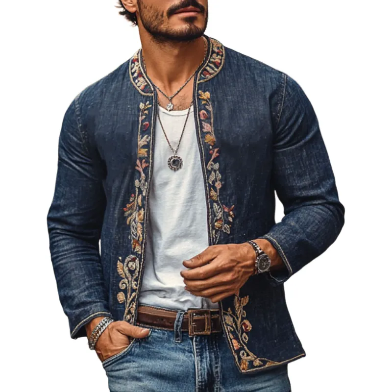Men's Vintage Round Neck Embroidered Slim Denim Cardigan 44069257M sold by Manly