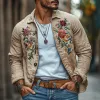Men's Casual Linen Embroidered Lapel Loose Long Sleeve Shirt 13095416M sold by Manly