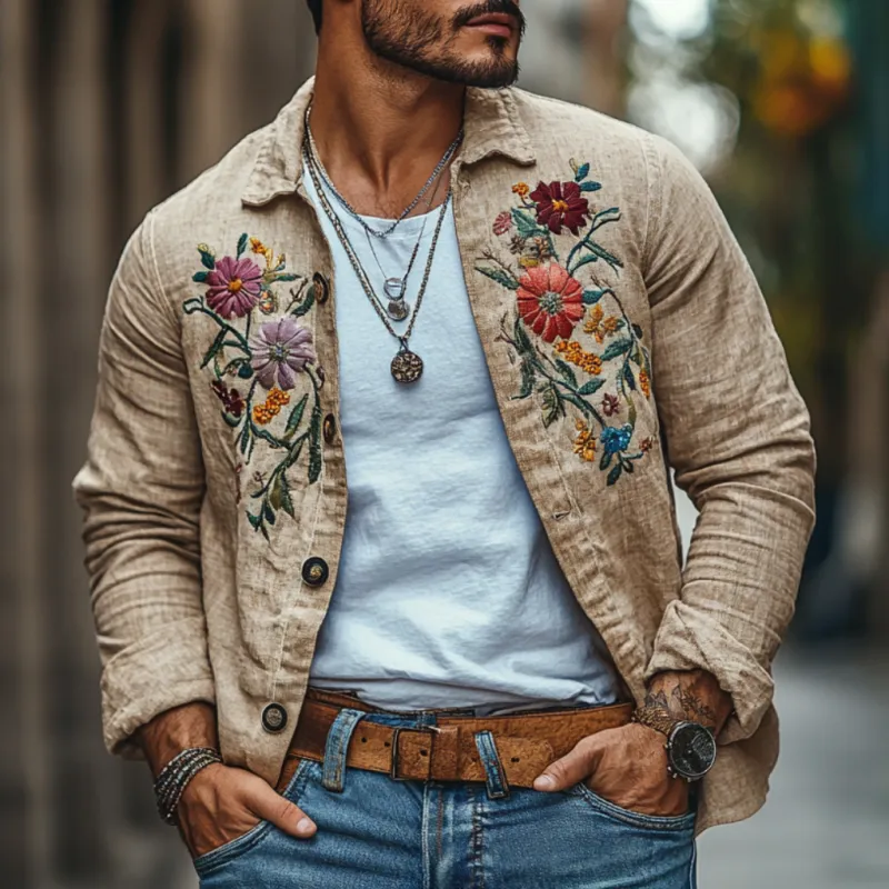 Men's Casual Linen Embroidered Lapel Loose Long Sleeve Shirt 13095416M sold by Manly product image thumbnail 2