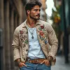 Men's Casual Linen Embroidered Lapel Loose Long Sleeve Shirt 13095416M sold by Manly