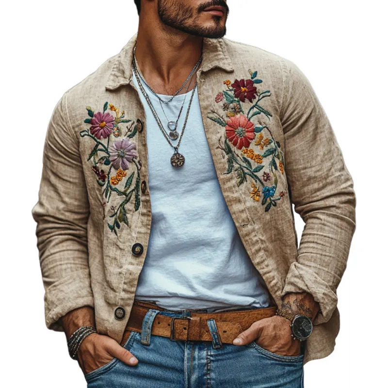 Men's Casual Linen Embroidered Lapel Loose Long Sleeve Shirt 13095416M sold by Manly
