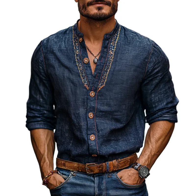 Men's Casual Cotton Linen Embroidered Stand Collar Slim Long Sleeve Shirt 99220278M sold by Manly
