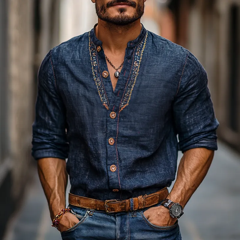 Men's Casual Cotton Linen Embroidered Stand Collar Slim Long Sleeve Shirt 99220278M sold by Manly product image thumbnail 2