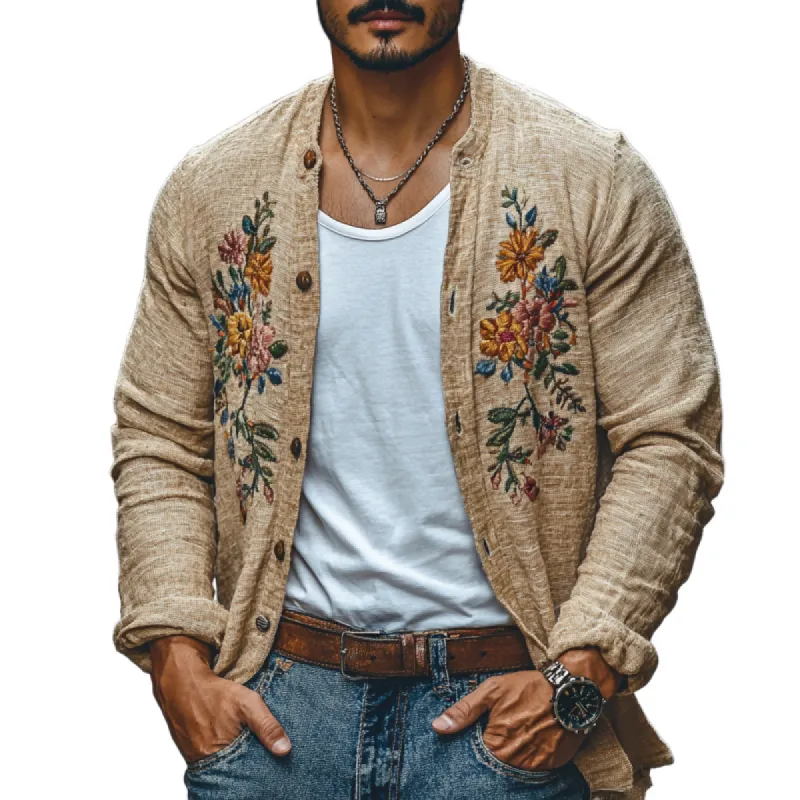 Men's Casual Linen Embroidered Stand Collar Loose Long Sleeve Shirt 86408595M sold by Manly