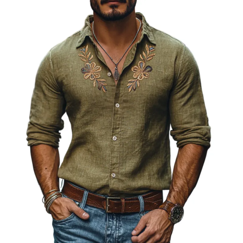 Men's Casual Linen Embroidered Lapel Slim Fit Long Sleeve Shirt 83857360M sold by Manly