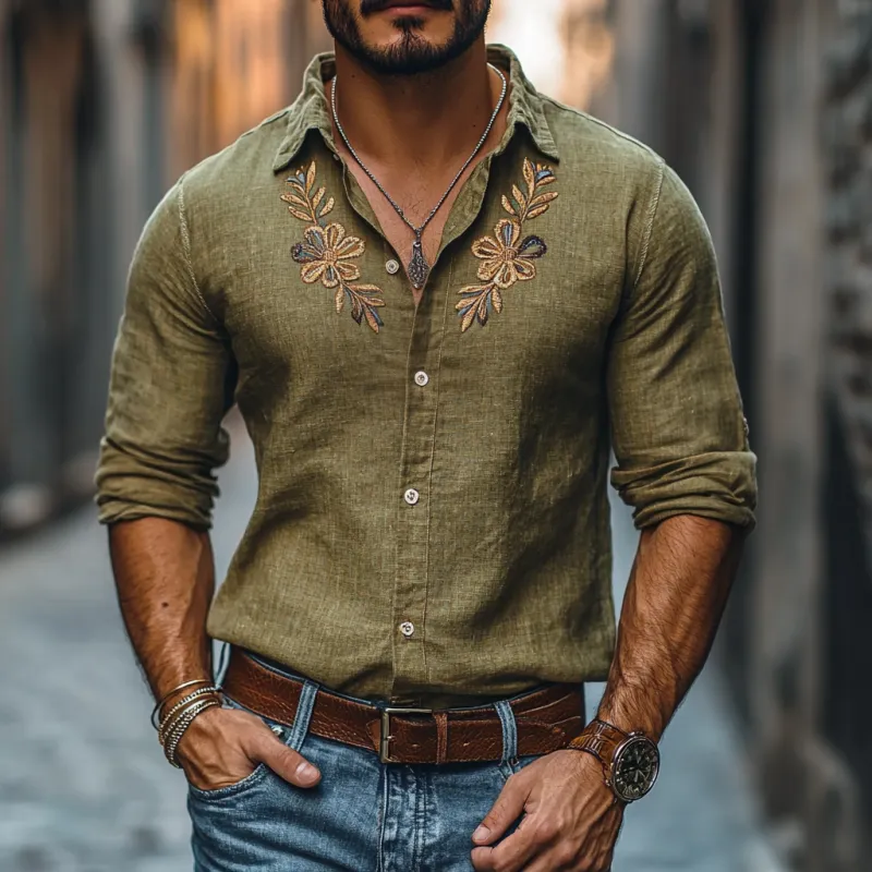 Men's Casual Linen Embroidered Lapel Slim Fit Long Sleeve Shirt 83857360M sold by Manly product image thumbnail 2