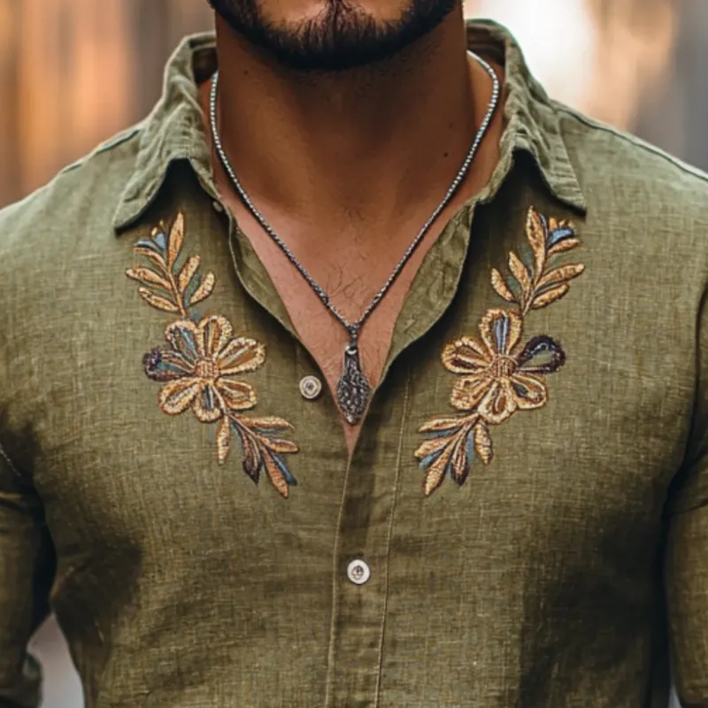 Men's Casual Linen Embroidered Lapel Slim Fit Long Sleeve Shirt 83857360M sold by Manly product image thumbnail 3