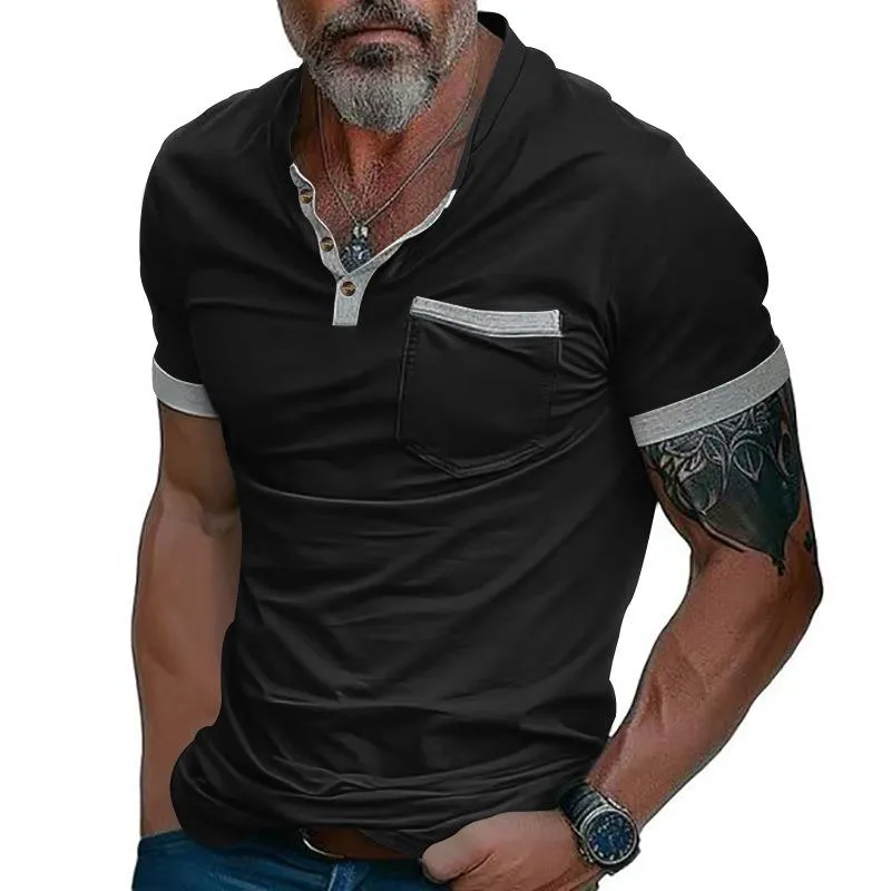 Men's Solid Henley Neck Chest Pocket Short Sleeve T-Shirt 49424107Y sold by Manly