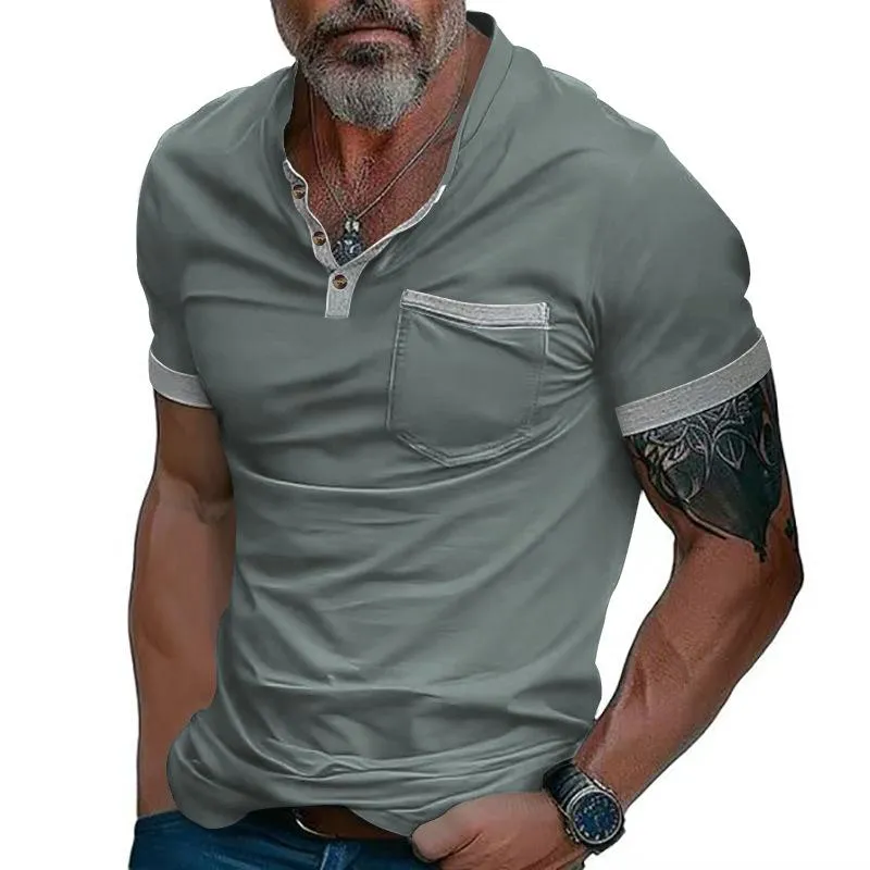 Men's Solid Henley Neck Chest Pocket Short Sleeve T-Shirt 49424107Y sold by Manly product image thumbnail 3