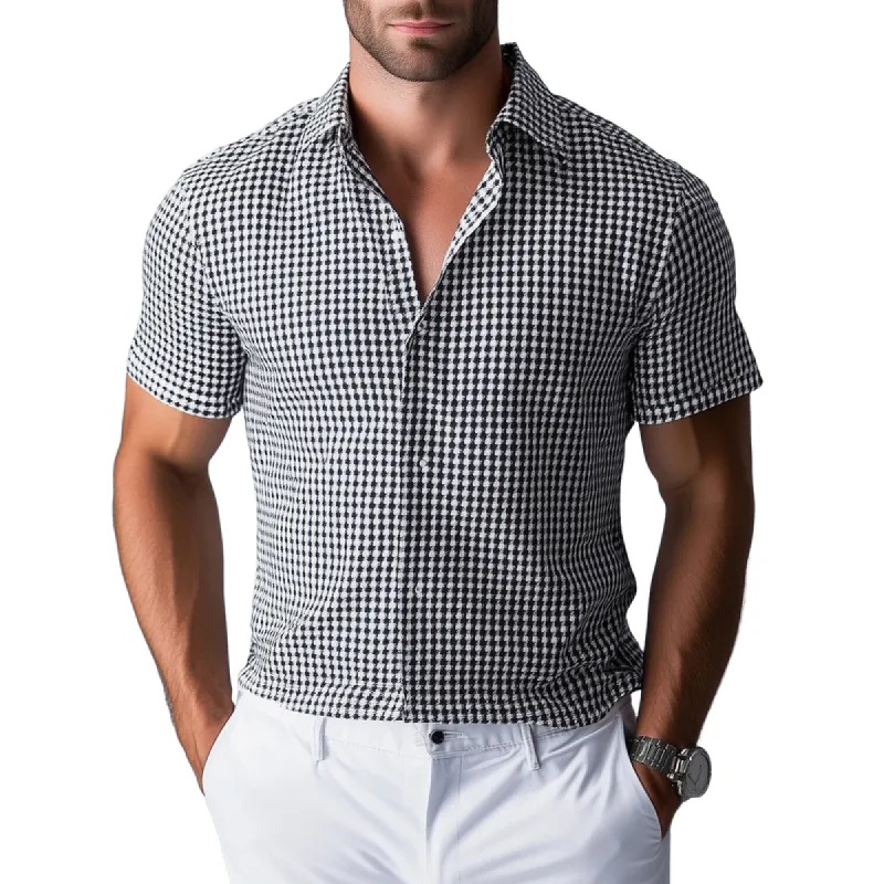 Men's Fashion Houndstooth Lapel Short Sleeve Shirt 54448199Y sold by Manly