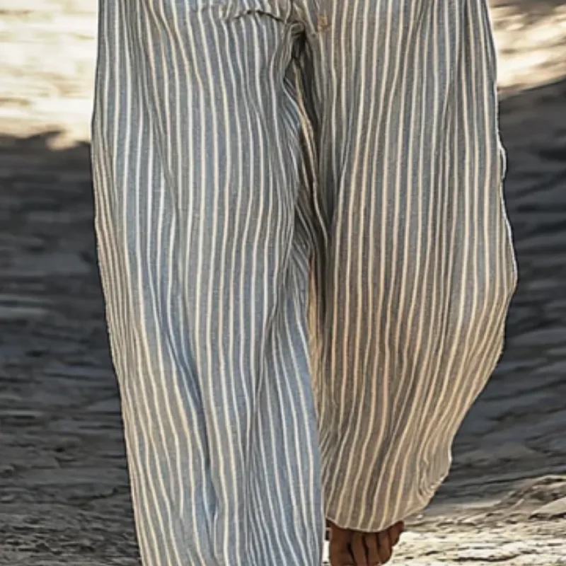 Men's Retro Cotton And Linen Stripes Vacation Elastic Waist Wide Leg Pants 36103704Y sold by Manly product image thumbnail 2