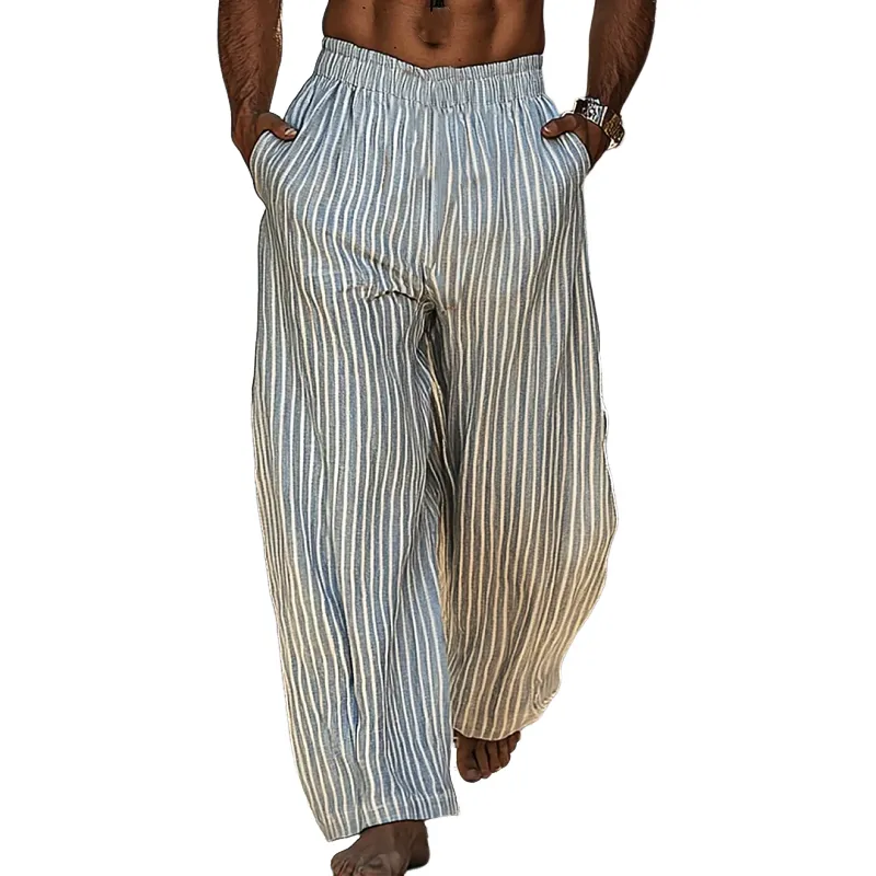 Men's Retro Cotton And Linen Stripes Vacation Elastic Waist Wide Leg Pants 36103704Y sold by Manly