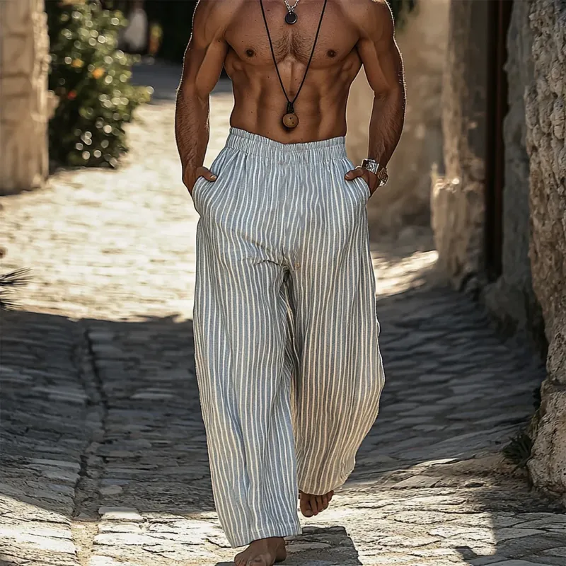 Men's Retro Cotton And Linen Stripes Vacation Elastic Waist Wide Leg Pants 36103704Y sold by Manly product image thumbnail 3
