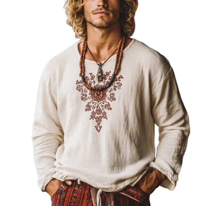 Men's Vintage Embroidery Cotton and Linen Round Neck Long Sleeve Shirt 25407284Y sold by Manly