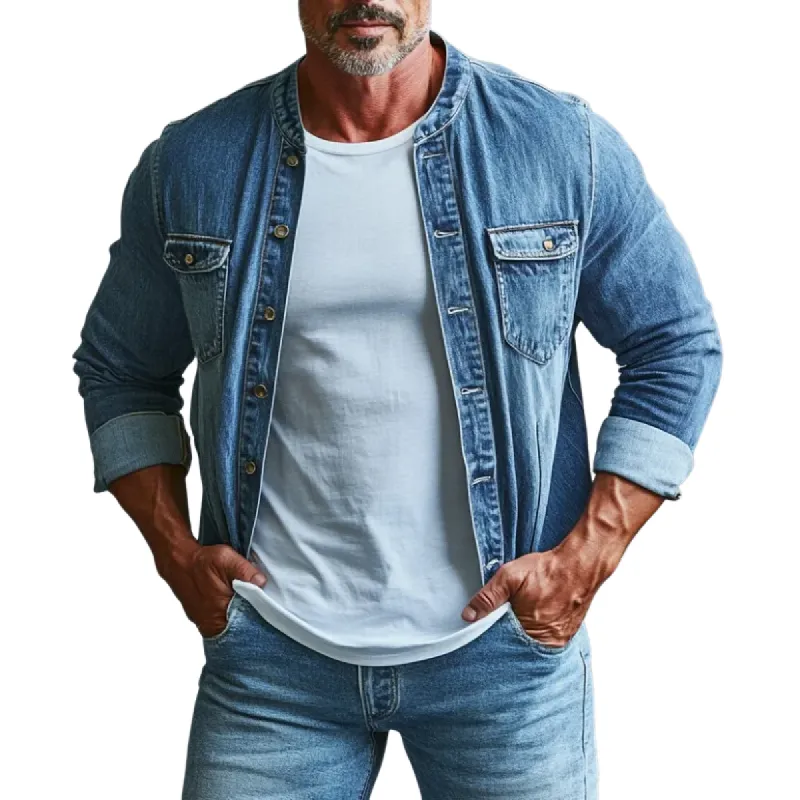 Men's Fashion Round Neck Single Breasted Double Chest Pocket Long Sleeve Denim Shirt 98862819Y sold by Manly