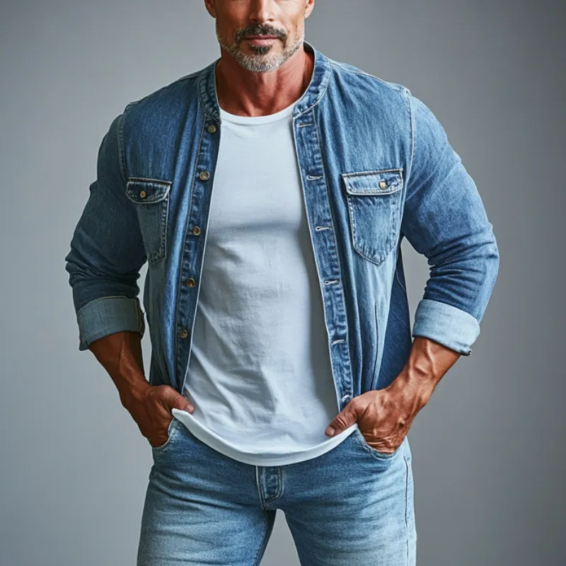 Men's Fashion Round Neck Single Breasted Double Chest Pocket Long Sleeve Denim Shirt 98862819Y sold by Manly product image thumbnail 3